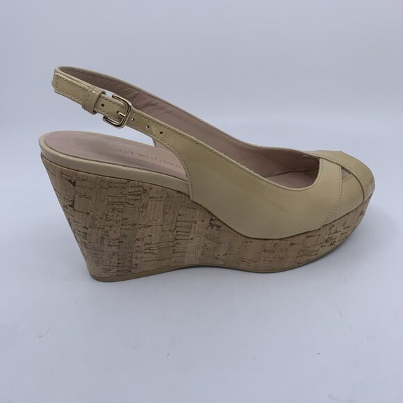 Stuart Weitzman Size 6.5M Adobe Nude Wedge Sandal Cork Peep Toe Slingback Patent - Picture 11 of 12